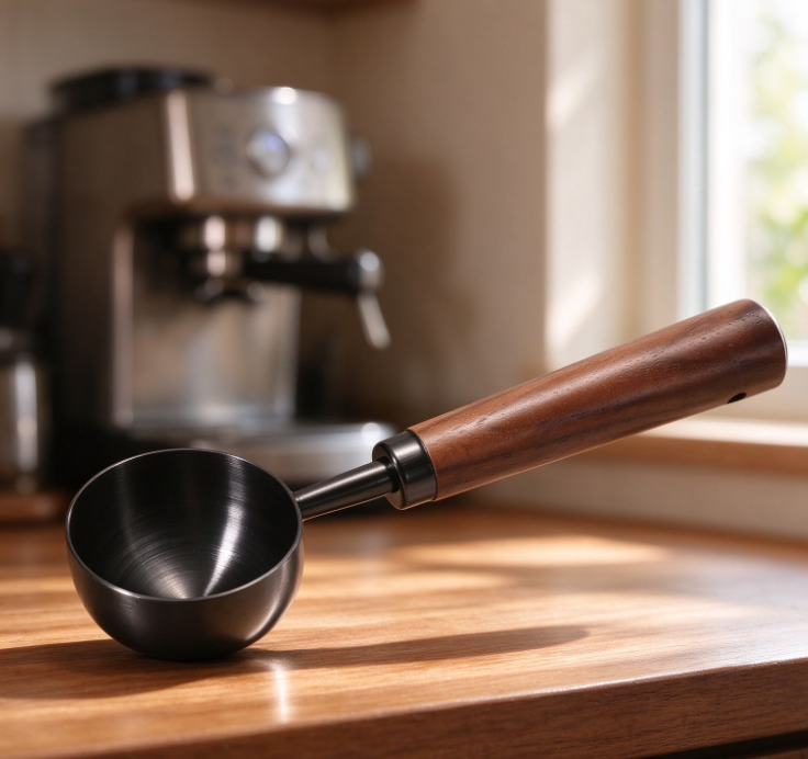 Black Titanium Stainless Steel Coffee Measuring Scoop with Walnut Handle – 30ml Pour-Over Coffee Dosing Scoop