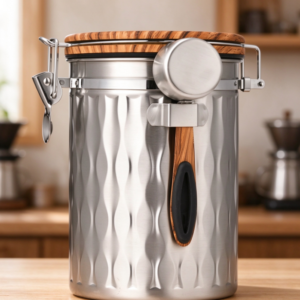 Corrugated Stainless Steel Coffee Canister with Wooden-Handled Measuring Scoop