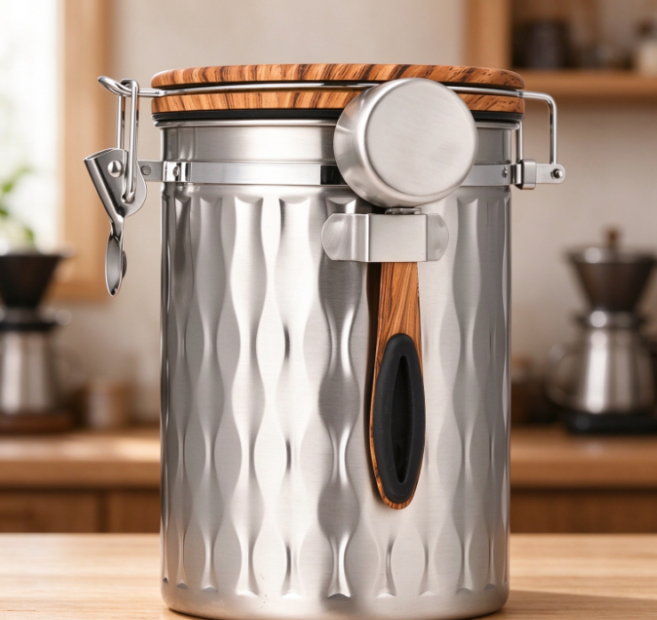 Corrugated Stainless Steel Coffee Canister with Wooden-Handled Measuring Scoop