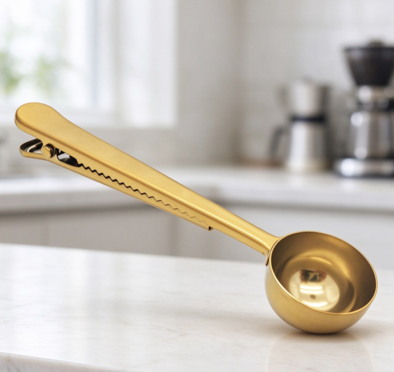 Gold-Tone Stainless Steel 2-in-1 Coffee Measuring Scoop with Integrated Bag Clip - Image 2