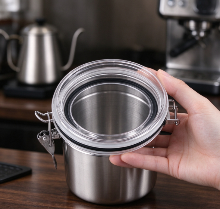 Stainless Steel Coffee Bean Canister with Transparent Lid – Airtight Storage with Locking Latch and Measuring Scoop - Image 2