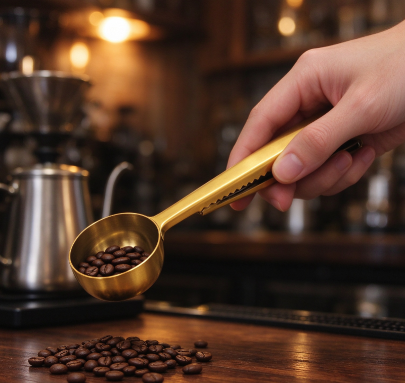 Gold-Tone Stainless Steel 2-in-1 Coffee Measuring Scoop with Integrated Bag Clip