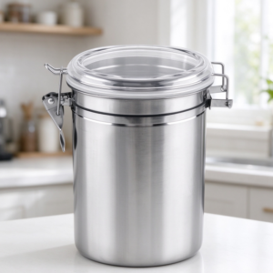 Stainless Steel Coffee Bean Canister with Transparent Lid – Airtight Storage with Locking Latch and Measuring Scoop