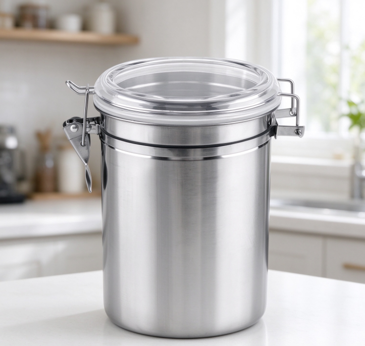 Stainless Steel Coffee Bean Canister with Transparent Lid – Airtight Storage with Locking Latch and Measuring Scoop